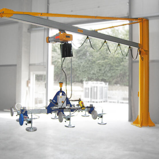 Crane and rail system with connected vacuum lifter