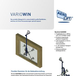Der flexible Vakuum-Glasheber VARIOWIN für die Gebäudeherstellung in der Produktionshalle auf unserem Flyer
